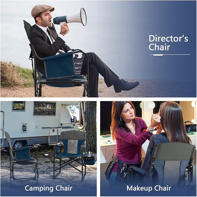 COSTWAY Folding Camping Chair Heavy-Duty Director Chair Supports 400lbs for Adults with Side Table Cooler Bag Storage Strap Portable Makeup Chair Suitable for Fishing Picnic