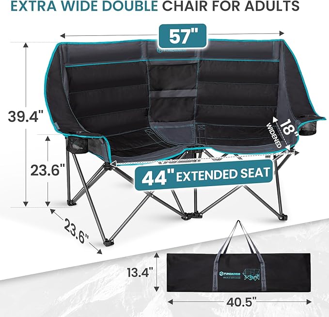 FUNDANGO Extra Wide Double Camping Chair for Adults with Cooler Oversized 2 Person Loveseat Padded Heavy Duty Two Person Folding Lawn Couch seat with Cup Holders for Outdoor Camp Sports &amp Lawn