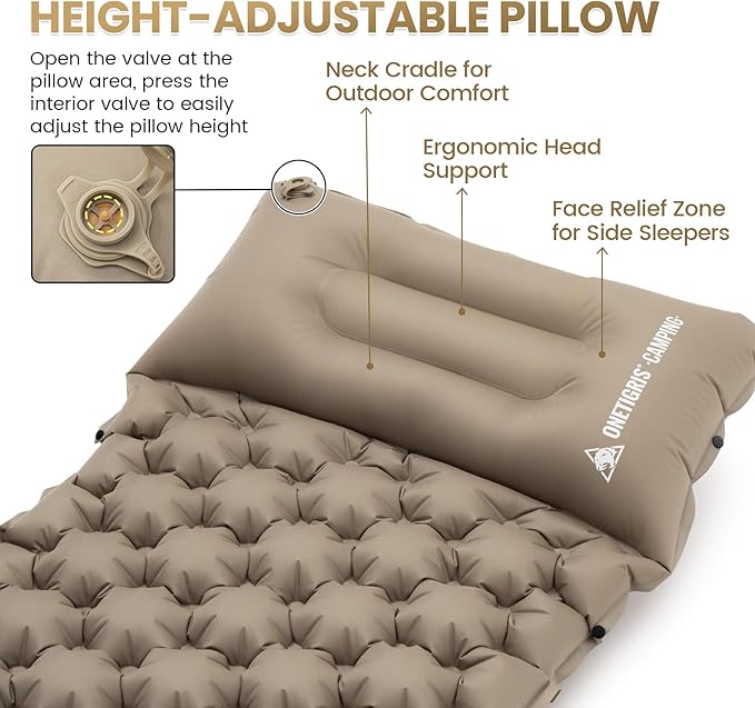 ONETIGRIS BLACKCRYSTAL Camping Sleeping Pad with Built-in Foot Pump Inflatable Sleeping Pad with Built-in Pillow Connectable Camping Air Mattress for Backpacking HikingTent Camping Lightweight
