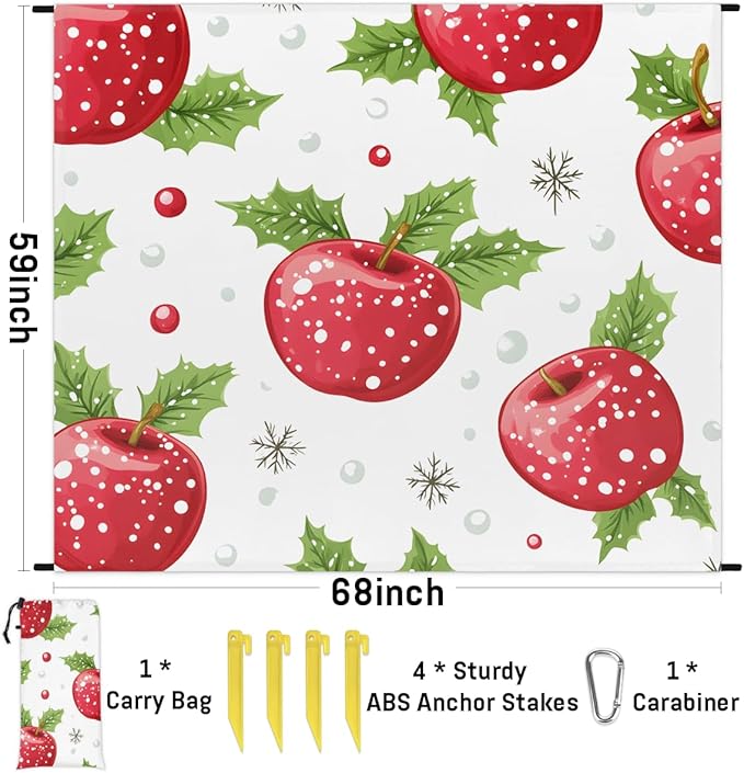 Waterproof Sandproof Beach Blanket 59''×68'' Holiday Apple Polyester Outdoor Picnic Blanket with 4 Stakes &amp Storage Bag for BeachCampingVacation White