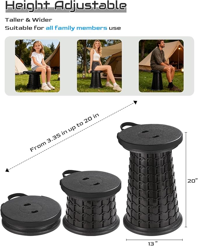 2025 Heavy Duty XXL Collapsible Stool | 1000lbs Capacity 20-in Taller &amp 13-in Wider Foldable Retractable Telescoping Stool for Adults Oversized Camping Fishing Concert Event Stadium