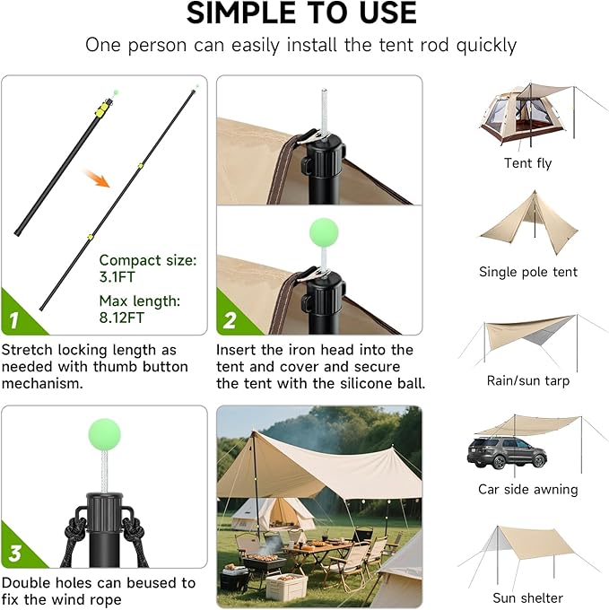 SANLIKE Tarp Poles Heavy Duty Telescoping 97 Adjustable Aviation Aluminum Canopy Rods Lengthen Thicken with Protection Cap Portable Poles for Tent Fly Awning Camping Hiking +Stakes Ropes Set of 4