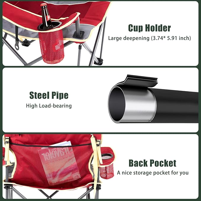 SUNNYFEEL Oversized Camping Chair for Big &amp Tall Adults Heavy Duty Folding Camp Chair Supports 500 lbs Padded High Back Lawn Chair with Cup Holder Portable Outdoor Chair for Camping Fishing &am