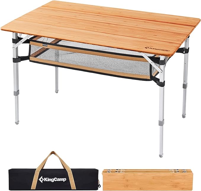 KingCamp Bamboo Folding Camping Table Adjustable. Supports 176lbs with A Premium Bamboo Top and 3 Adjustable Heights Ideal for Stable Dining or Cooking at Picnics RVs and Glamping Sites