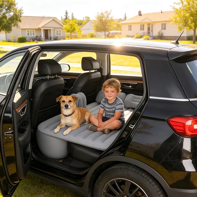Thickened Inflatable Car Bed Air Mattress with Safety Side Wedge/Built-in Air Pump &amp 2 Pillows/Back Seat Camping Sleeping Pad for SUVs and Sedans/Portable Foldable Airbed for Travel/Gray