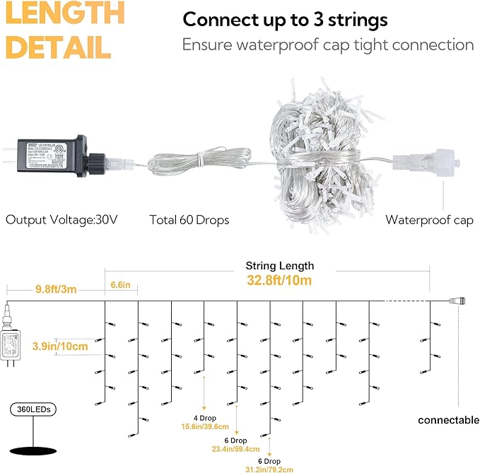 Hopolon 33FT 360L LED Christmas Icicle Lights Outdoor Waterproof8 Modes Plug in Curtain String LIghts With 60 DropsChristmas Lights for WeddingPartyBedroomHomeGardenWall Decorations(Warm White)