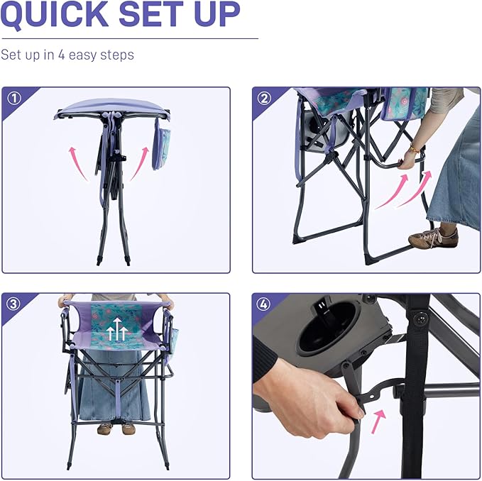 EVER ADVANCED Portable 30.7 Seat Height Tall Folding Camping Chair Directors Chair High Foldable Bar Stool with Side Table for Makeup Artist Sports Event Craft Show Supports 350LBS