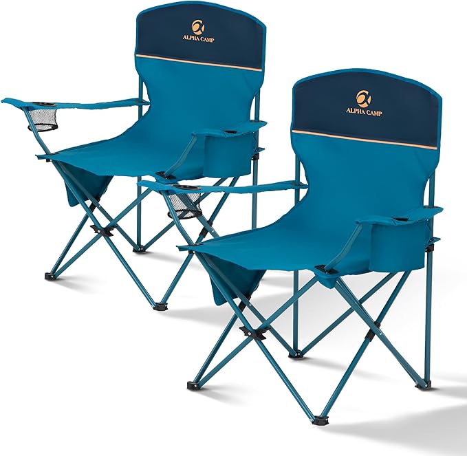 ALPHA CAMP Folding Camping Chairs for Adults Lawn Chairs Outdoor Chairs Support 250 LBS Portable Camp Chairs with Cup Holders Cooler Pouch for Outdoor 2 Pack