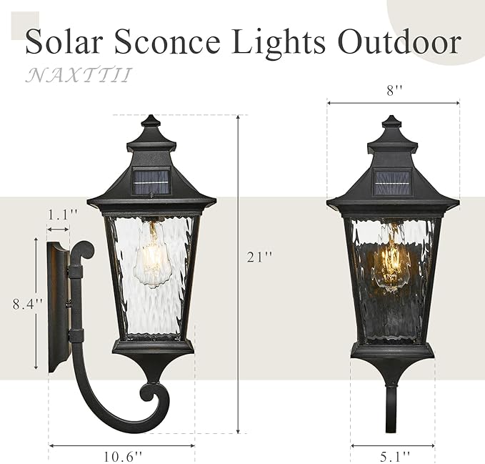 Waterproof Solar Sconces Lights Outdoor with Remote Control 20.9 Inch Height Large Size Solar Wall Lights with Water Ripple Glass Dusk to Dawn Outdoor Lighting Include LED Bulb