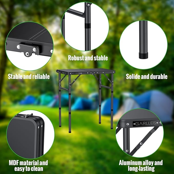 GARLLEN 2ft Folding Camping Table 3 Adjustable Height Lightweight Folded Picnic Table Portable Aluminum Grill Table for Camping BBQ Outdoor 22.8 L x 15.7 W Black