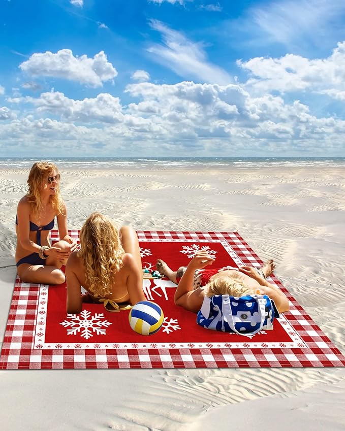 Beach Blanket Waterproof Sandproof Christmas Winter Snowflake Animal Elk Tree Quick Drying Beach Mat with 4 Stakes Red Buffalo Plaid Shadow Lightweight Picnic Blanket for Travel Camping 108x84