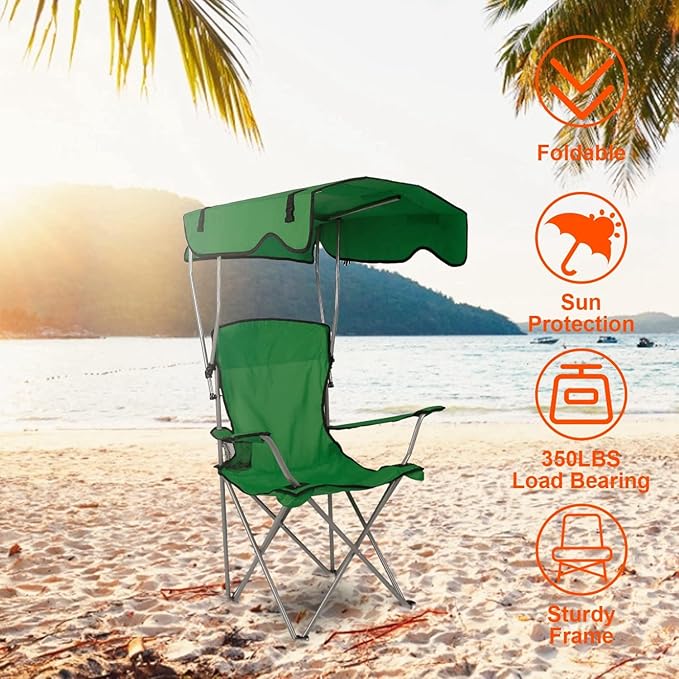 Camping Chair with Canopy Outdoor Folding Lounge Chair with Adjustable UPF 50+ Sun Shade &amp Cup Holder Portable Camping Recliner for Camp Beach Outdoor Sports 350LB Max Support - U.S Spot