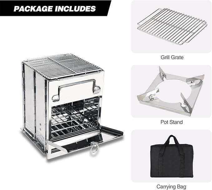 REDCAMP Wood Burning Folding Camp Stove Stainless Steel Grill and Pot Stand Portable Collapsible Backpacking Stove Survival Rocket Stove for Hiking Outdoor Tent Camping Picnic Largel with Pot Stand