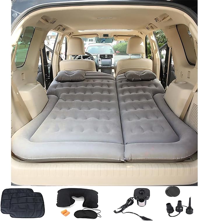 Inflatable SUV Air MattressThickened Flocking Car Travel Camping Bed with 2 Pillows &amp Air PumpPortable Car Sleeping Mattress for SUV Trunk and Rear