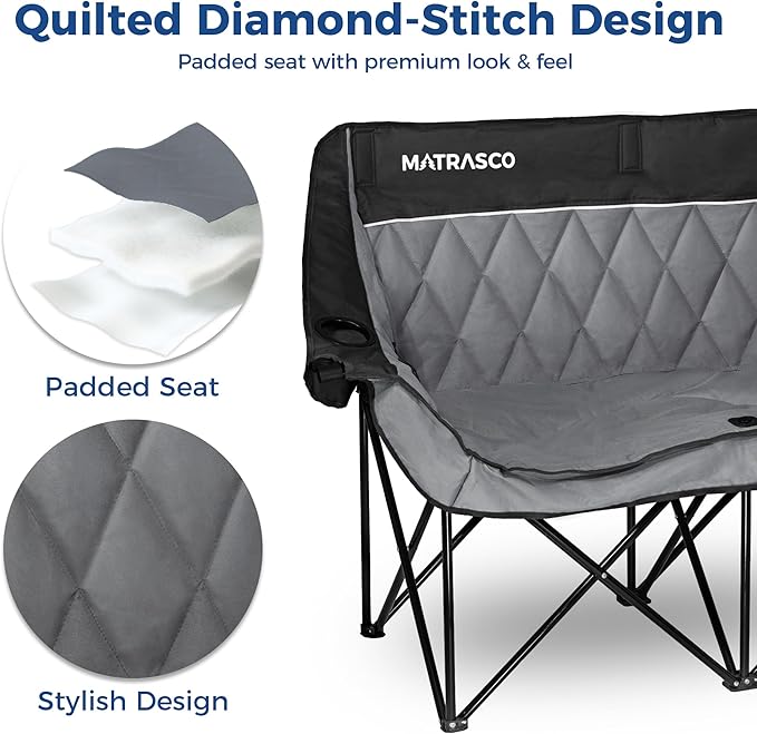 Oversized Double Camping Chair Quilted Diamond-Stitch Padded Seat Dual Cup &amp Wine Glass Holders Heavy-Duty Folding Loveseat for Outdoor Camping Beach &amp Backyard(Black)