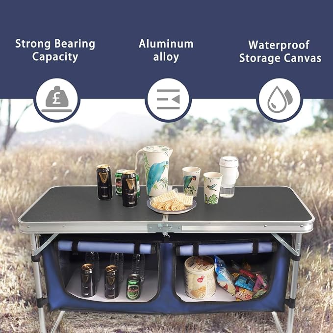 Folding Camping Table with Storage Compartment Aluminum Lightweight Camp Kitchen Table Height Adjustable Indoor/Outdoor Table Perfect for Tailgating Backyards BBQPicnic Black