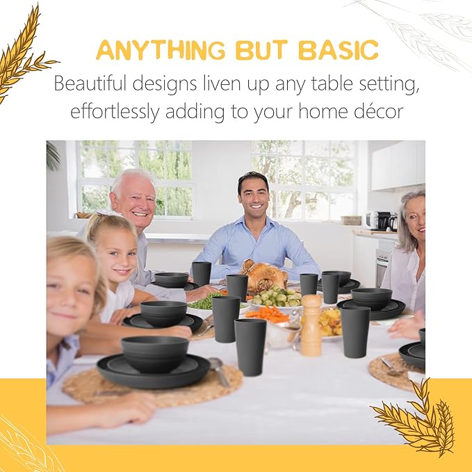 Teivio 32-Piece Kitchen Plastic Wheat Straw Dinnerware Set Service for 8 Unbreakable Modern Dish Set - Dinner Plate/Dessert Plate/Cereal Bowl/Cup for Apartment Essentials Outdoor CampingBlack