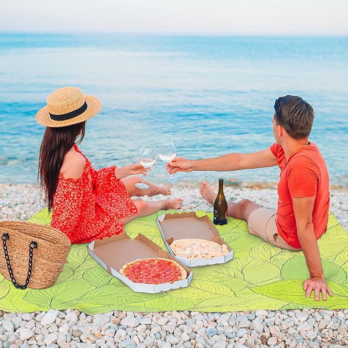 Waterproof Sandproof Beach Blanket 59''×68'' Curry Leaf Polyester Outdoor Picnic Blanket with 4 Stakes &amp Storage Bag for BeachCampingVacation Green