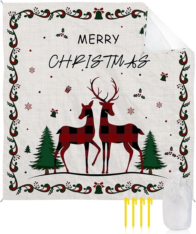 Beach Blanket Waterproof Sandproof Merry Christmas Plaid Reindeer Quick Drying Beach Mat with 4 Stakes Tree Holly Snowflake on Flax Lightweight Picnic Blanket for Travel Camping Outdoor 108x84