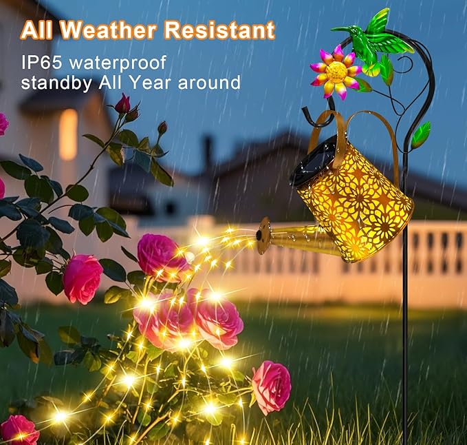 Solar Metal Watering Can with Hummingbird Shepherd Hook and Cascading Lights Outdoor Solar Lantern for Garden Yard Patio Decor and Gardening Gifts for Women Mother's Day