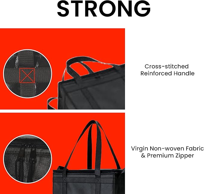 NZ home Insulated Bags for Food Delivery (Large) Grocery Shopping Cooler Bag Pizza Delivery Hot &amp Cold Catering Tote Reusable Foldable &amp Heavy Duty (2 Pack Black)