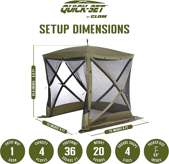 CLAM Pop Up Screen Tent Outdoor Camping Gazebo Canopy Traveler 6' x 6' Green