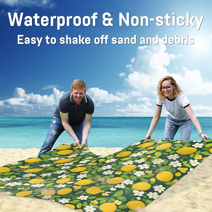Waterproof Sandproof Beach Blanket 59''×68'' Lemon Fruit &amp Flower Polyester Outdoor Picnic Blanket with 4 Stakes &amp Storage Bag for BeachCampingVacation Green
