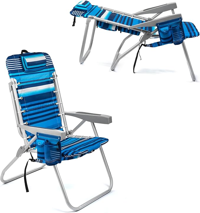 Homevative Backpack Fold-Up Beach Chair 5 Positions Towel bar Cooler Storage Pouch Cup Holder and Phone Pocket