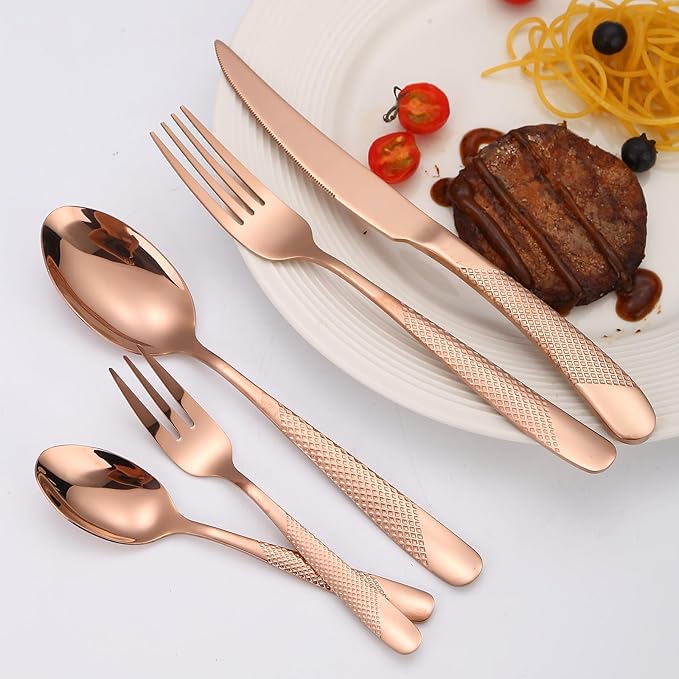 Hammered Flatware Set Copper/Rose Gold Silverware 20 Piece Stainless Steel Service for 4 Forks Knives Spoons Heavy Thickened Handle Elegant Modern Design Kitchen Use Festival Parties