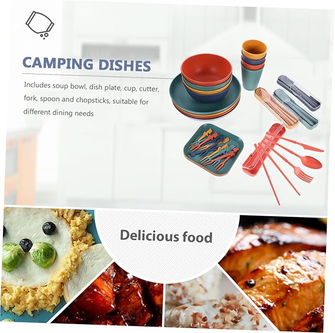 BESPORTBLE Lightweight Portable Wheat Straw Tableware with Soup Bowl Dish Plate Cup Cutlery Fork Spoon Chopsticks Smooth Edges Safe Outdoor Dinnerware for Camping Picnic Hiking Beach Bbq