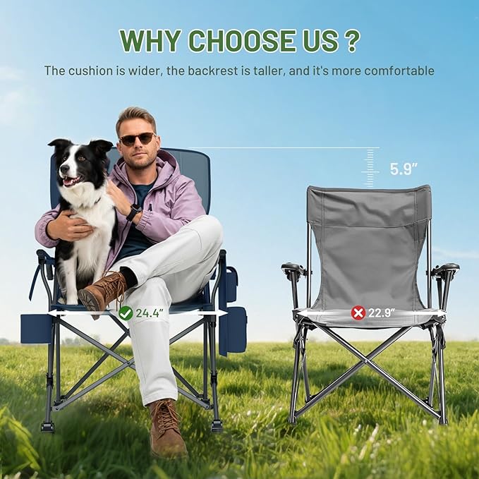 TIMBER RIDGE Oversized Folding Camping Chair with Lumbar Support Adjustable High Back Heavy Duty for Adults Support up to 500lbs with Cup Holder Cooler Bag Side Pocket Blue 2 Pack