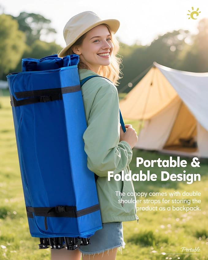CLIPOP Double Camping Chair with Canopy Portable Outdoor Folding Chair with Cup Holders Side Pocket Oversized Beach Chair with Canopy Shade for Lawn Patio Hiking Blue