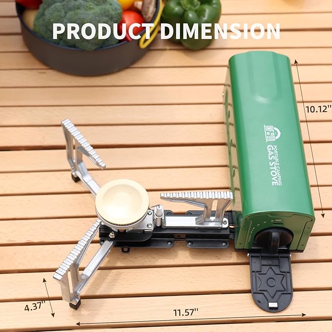 INFOOD Portable Butane Gas Camping Stove - 7500 BTU Compact Folding Design with Carry Bag for Backpacking RV Trips Picnic &amp Outdoor Indoor Cooking Green