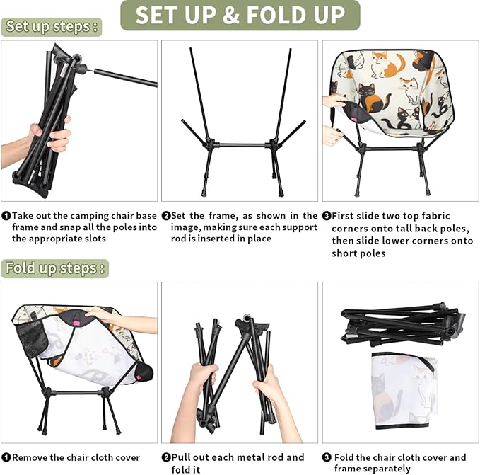 Honeybaby Folding Camping Chair Cat Pattern Camping Chairs Lightweight Portable Chair Outdoor Foldable Chairs for Camping Travel Picnic Beach Hiking