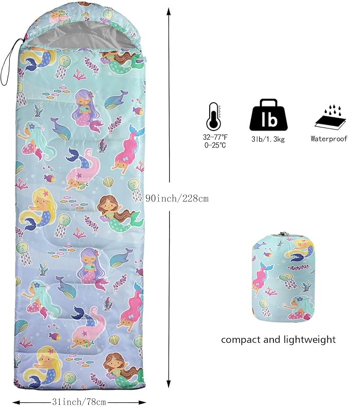 Kids Sleeping Bag for Boys GirlsBlue Ripples Print-Lightweight Warm Portable Outdoor Indoor-Waterproof Cold Weather Resistant Sleeping Bag for Camping Hiking