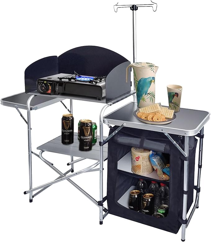 CampLand Folding Camping Kitchen Table with WindscreenPortable Outdoor Cooking Station with Storage Cabinet &amp Side Tables Heavy Duty Camp Cook Station for Camping &amp BBQ (Black)