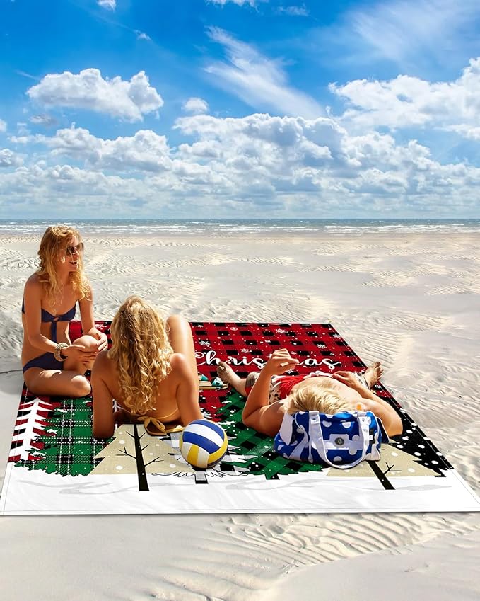 Beach Blanket Waterproof Sandproof Christmas Tree Red Black Buffalo Plaid Quick Drying Beach Mat with 4 Stakes Winter Snowflake Seamless Lightweight Picnic Blanket for Travel Camping 83x79