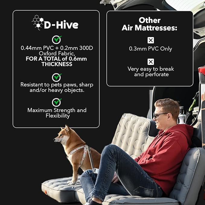 D-Hive Unbeatable Durability SUV Air Mattress for Car Camping Durable Extra Thick 300D Oxford Fabric Quick Easy Set-Up w/Electric Pump Car Bed Mattress Mattress for SUV Air Mattress