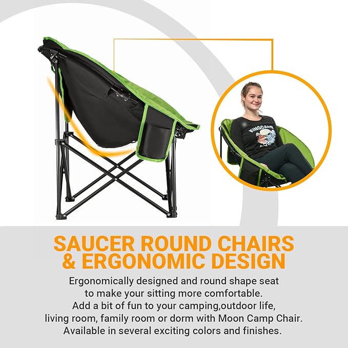 KingCamp Foldable Saucer Moon Lounge Chair with Cupholder Storage Pocket for Indoor Home or Outdoor Camping and Tailgating Use Black/Green