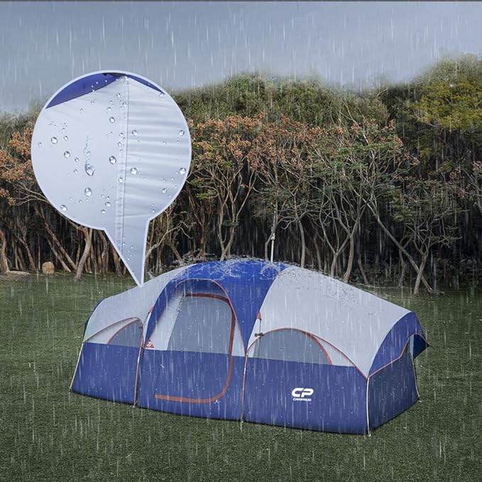 CAMPROS CP Tent 8 Person Camping Tents Weather Resistant Family Tent 5 Large Mesh Windows Double Layer Divided Curtain for Separated Room Portable with Carry Bag