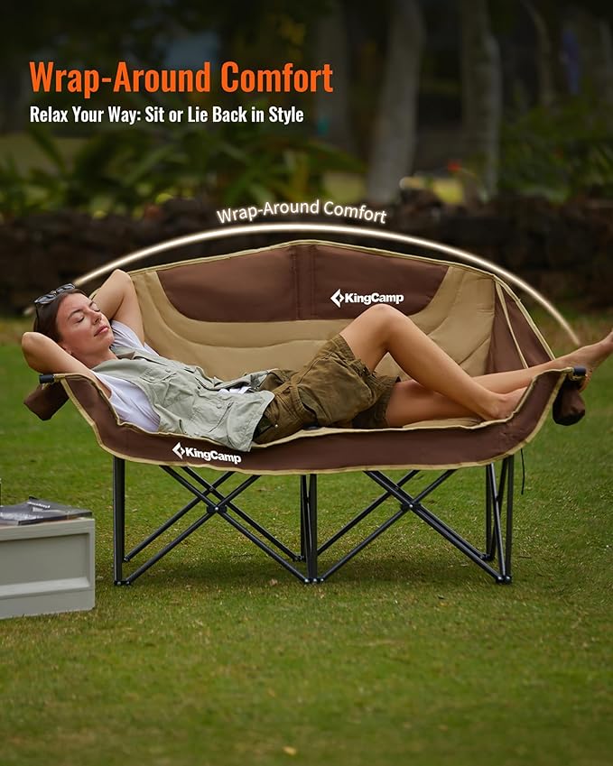 KingCamp Double Camping Chair Oversized 660lbs Heavy Duty Loveseat for Adults Portable Folding XL 2 Person Couch Padded Comfortable Two Seat with Cup Holder for Outdoor Lawn Backyard Khaki/Coffee
