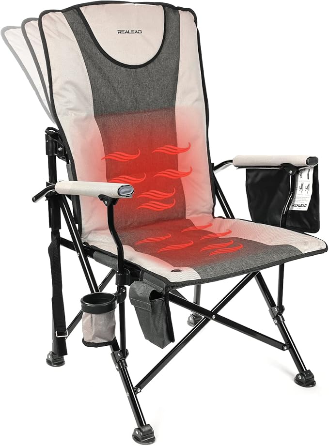 REALEAD Heated Camping Chair - Fully Padded Heated Chairs Outdoor Sports - Heavy Duty Heating Camp Chairs for Adults Supports 400 lbs - Perfect for Outside Sport Events Concert Battery NOT Included