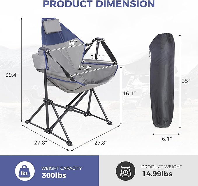 Hammock Camping Chair with Adjustable Backrest Portable Folding Rocking Camping Chair with Ergonomic Seat &amp Padded Headrest Ideal for Camping Travel Tailgating Grey &amp Blue