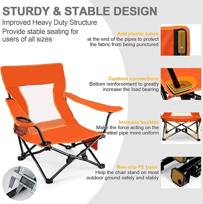 Joyfair Beach Camping Chair (2 Pack) Outdoor Folding Lawn Chair for Adults Heavy Duty Portable Chair with Armrest for Outside Fishing Sport Patio Cup Holder &amp Storage Pocket Carry Bag (Orang