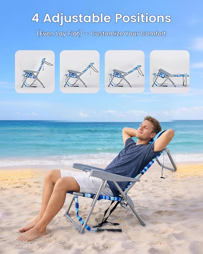 GVDV Backpack Beach Chairs for Adults 2 Pack Portable Lay Flat Folding Chair with Cup Holder and Towel Bars 4-Position Adjustable Reclining Chair for Beach Camp Outdoor Blue and White Stripes