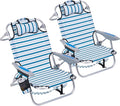 2 Pack Lightweight Portable Camping Beach Chair for Adults Outdoor Lay Flat Folding Beach Chairs with 5 Positions Backpack Beach Chair with Towel Bar Zipper Pouch Cup Holder White Striped