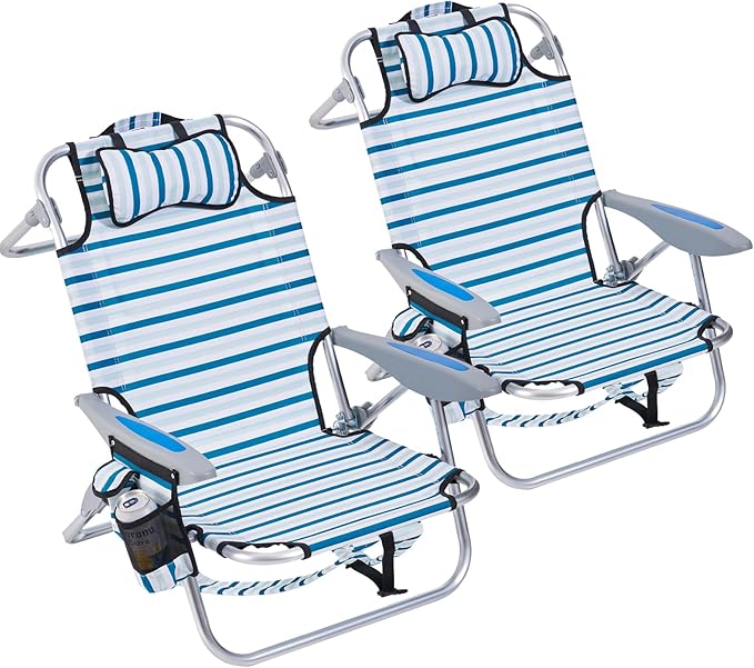 2 Pack Lightweight Portable Camping Beach Chair for Adults Outdoor Lay Flat Folding Beach Chairs with 5 Positions Backpack Beach Chair with Towel Bar Zipper Pouch Cup Holder White Striped