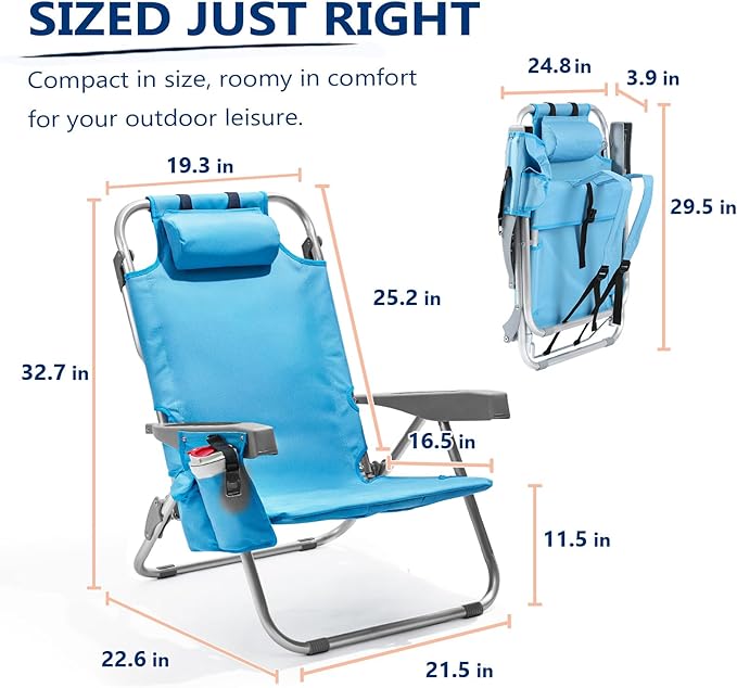 PASAMIC Backpack Beach Chairs for Adults 2 Pack Portable Lay Flat Reclining Beach Chairs with 5 Positions Tall Heavy Duty Folding Chair with Cup Holder Cooler Pouch Towel Bar Blue