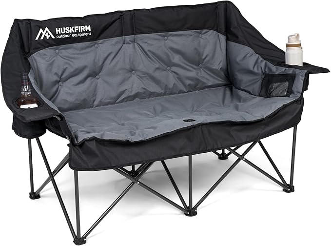 Double Camping Chair Oversized Padded Camping Chairs for Adults Folding Loveseat with Cup Holders and Side Pockets Heavy Duty Outdoor Lawn Chairs for CampingSports FishingBeachBlack