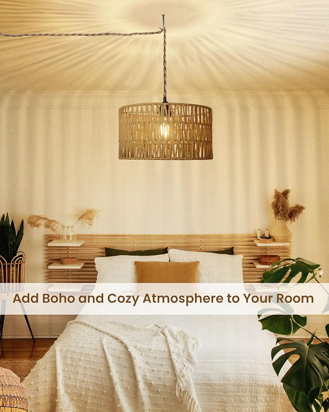 12.6 Inch Boho Hanging Light with Plug in Cord Rattan Hanging Lamp Hand Woven Rattan Wall Lightfor Bedroom Living Room Kitchen Nursery E26 Base IndoorWithout Bulb